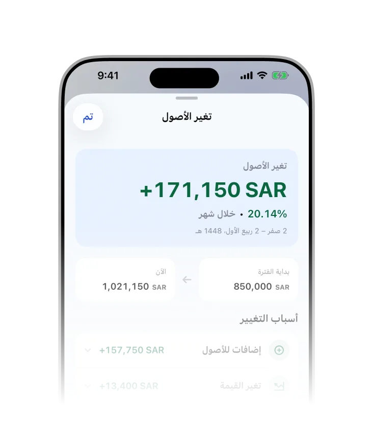 شاشة تغيّر الأصول في مجمل تعرض التغيّر ونسبته وأسبابه