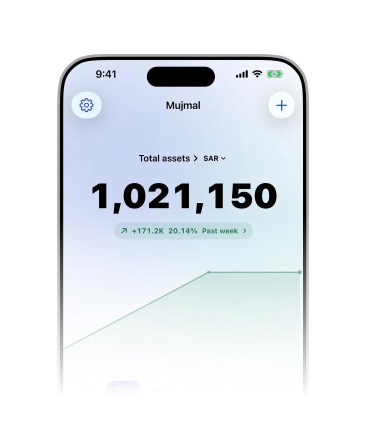 Mujmal home screen showing total assets and change over the period
