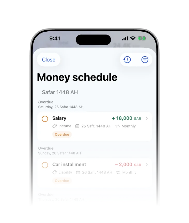 The Mujmal money schedule screen showing salary and a car instalment with their states